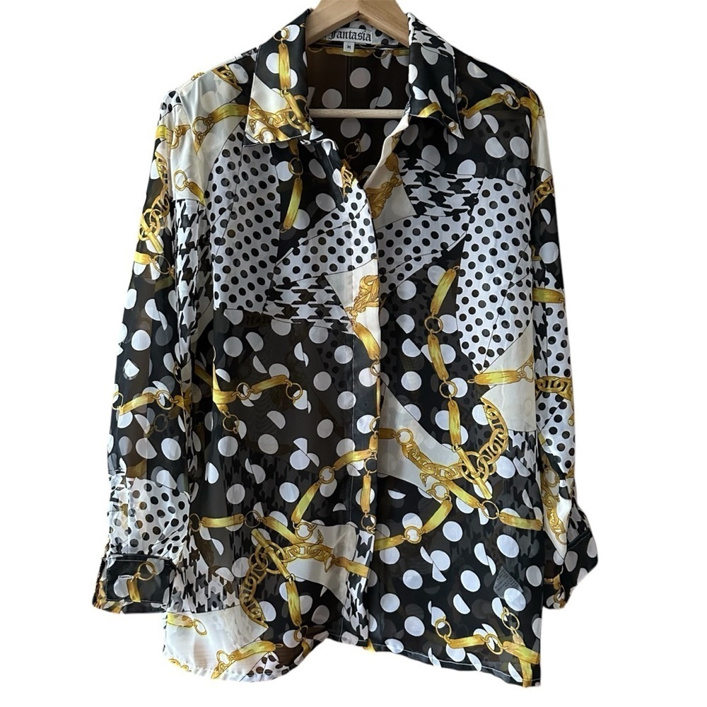 Vintage 90’s Sheer Button Up Shirt Polka Dot Gold Chain Black White Blouse